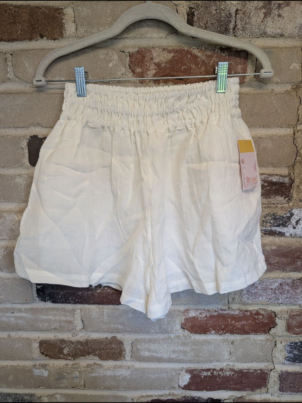 High-Waist White Linen-Blend Smocked Shorts